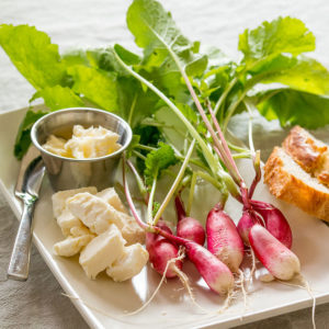 French Radishes Appetizer with Bread, Cheese and Butter