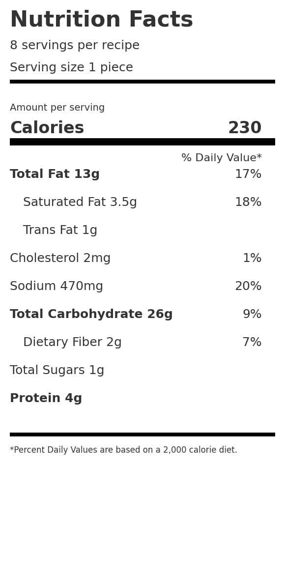 nutritional information label for corn bread recipe